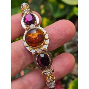 LIZTECH Artisan Purple Crystal Cabochon & Beads Wire Wrapped Cuff Bracelet